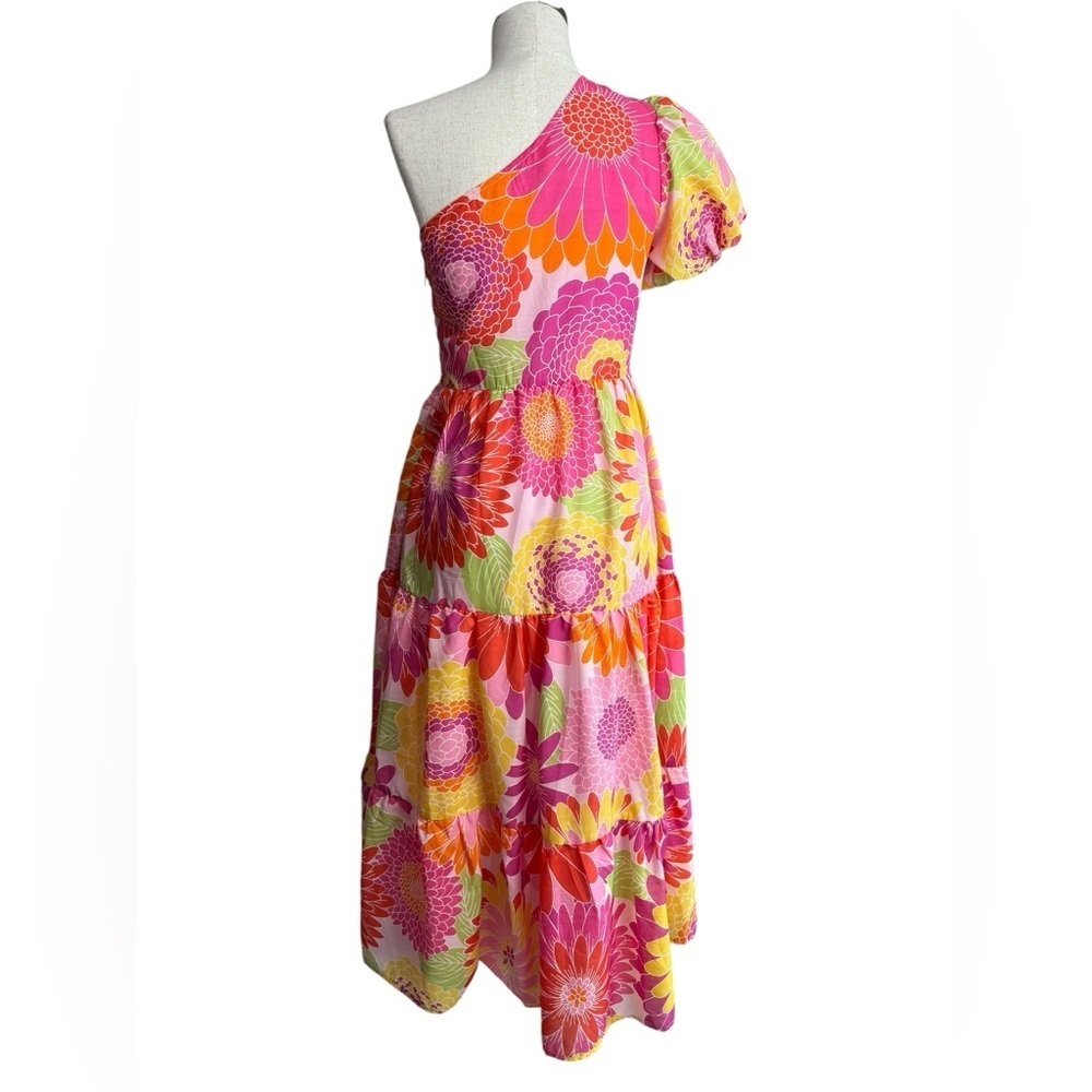 J.Marie Leilani One Shoulder Short Puffed Sleeve Tiered Midi Dress NWT - Picture 3 of 4